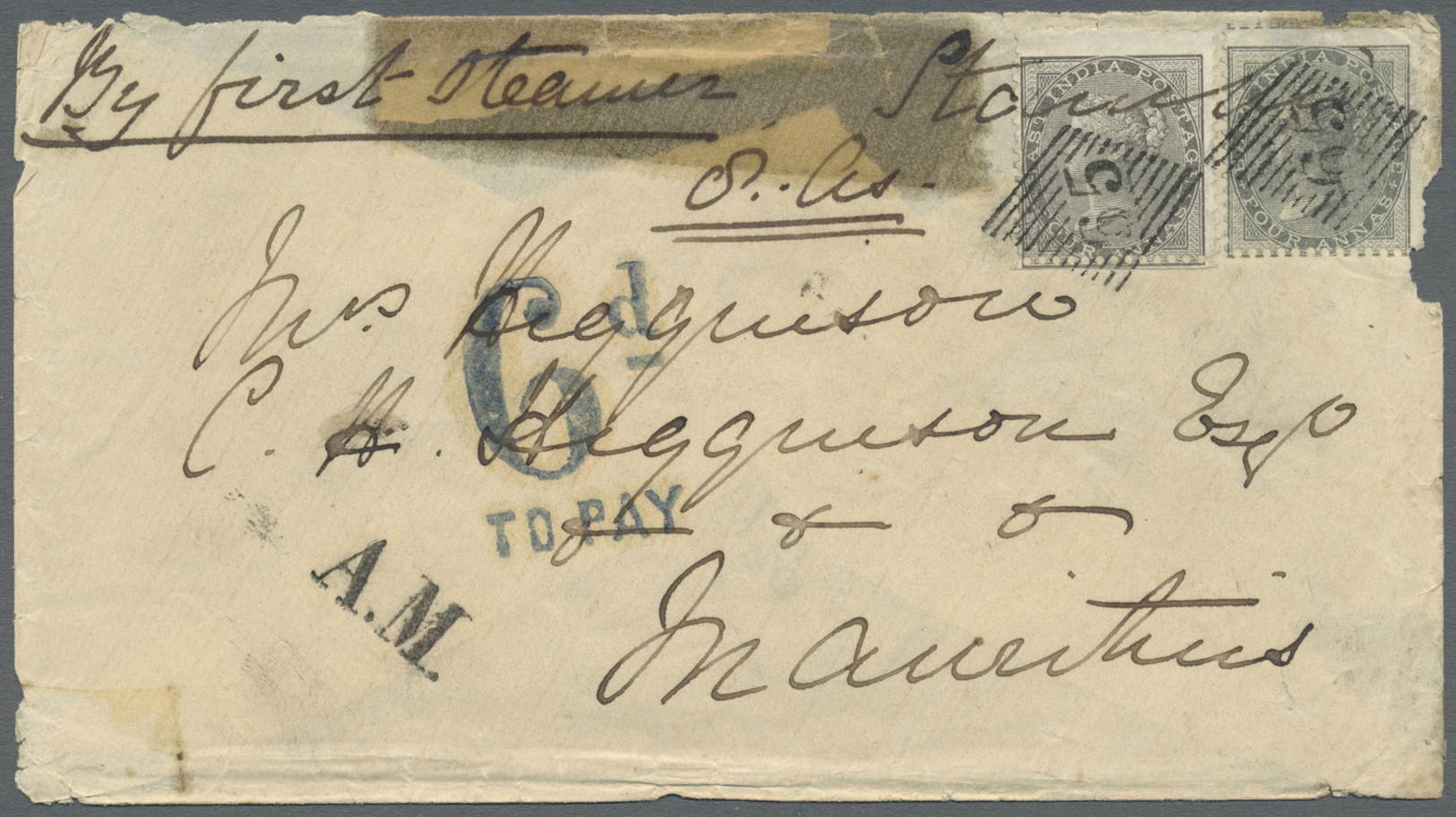 Br Indien: 1865. Envelope (faults) Addressed To Mauritius Bearing SG 45, 4a Black (pair) Tied By '65' In Lozenge And Jau - Other & Unclassified