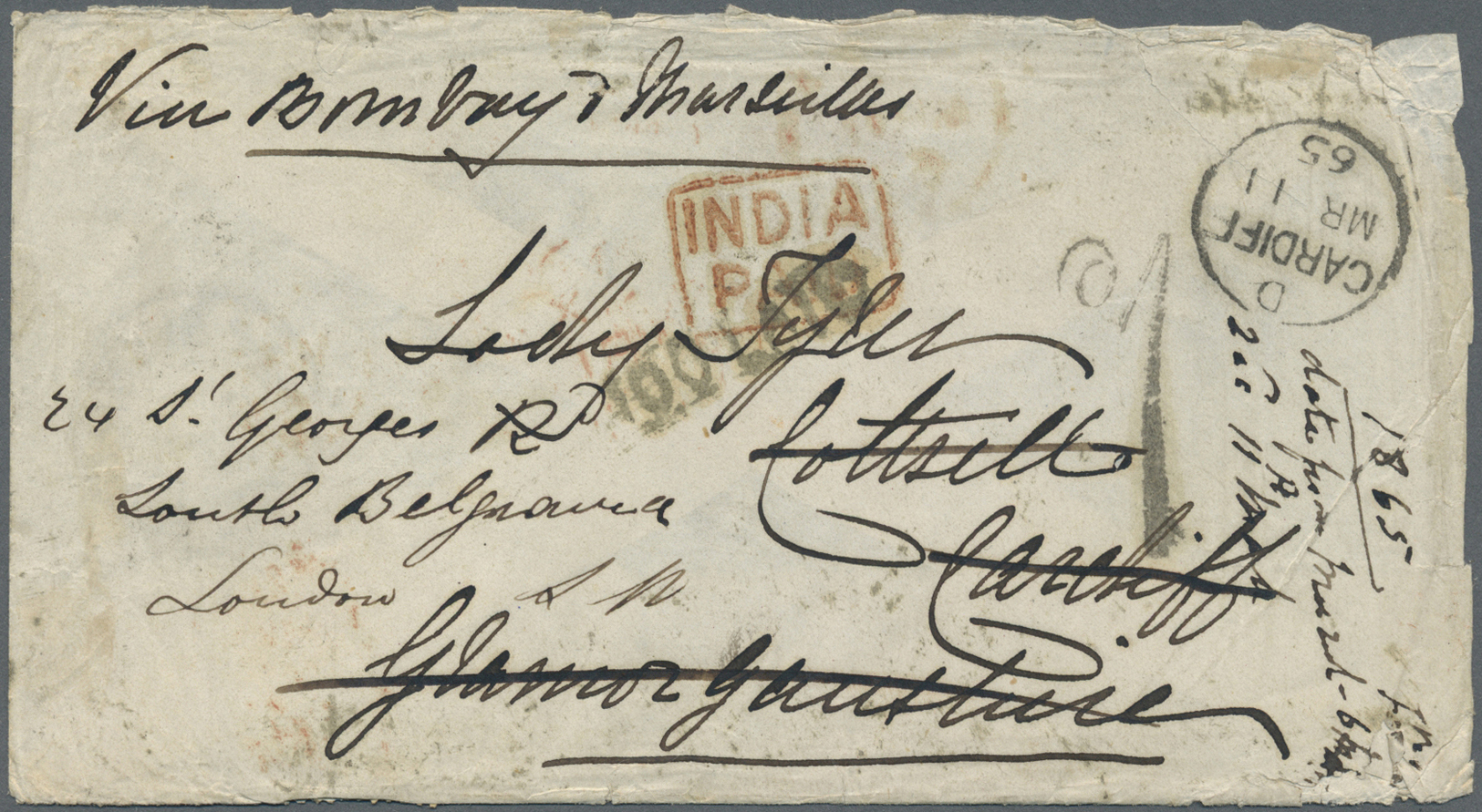 Br Indien: 1865 Two Covers (faults) To Great Britain, One Single 6a8p. Rate From Meerut To Cardiff And Redirected To Lon - Autres & Non Classés