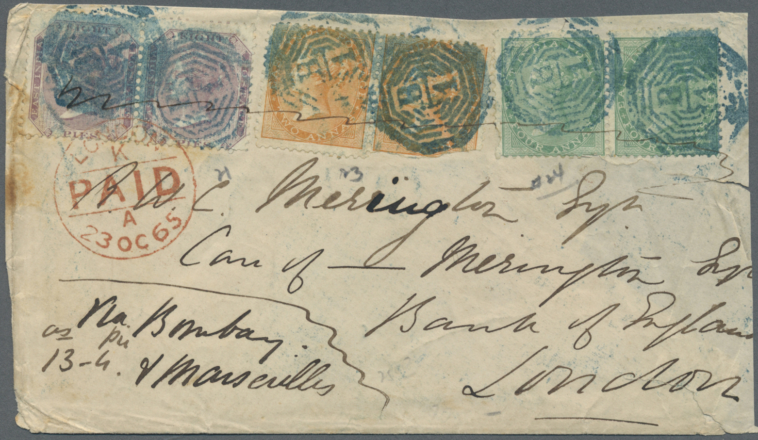 Br Indien: 1865 Two Covers (faults) To Great Britain, One Single 6a8p. Rate From Meerut To Cardiff And Redirected To Lon - Other & Unclassified