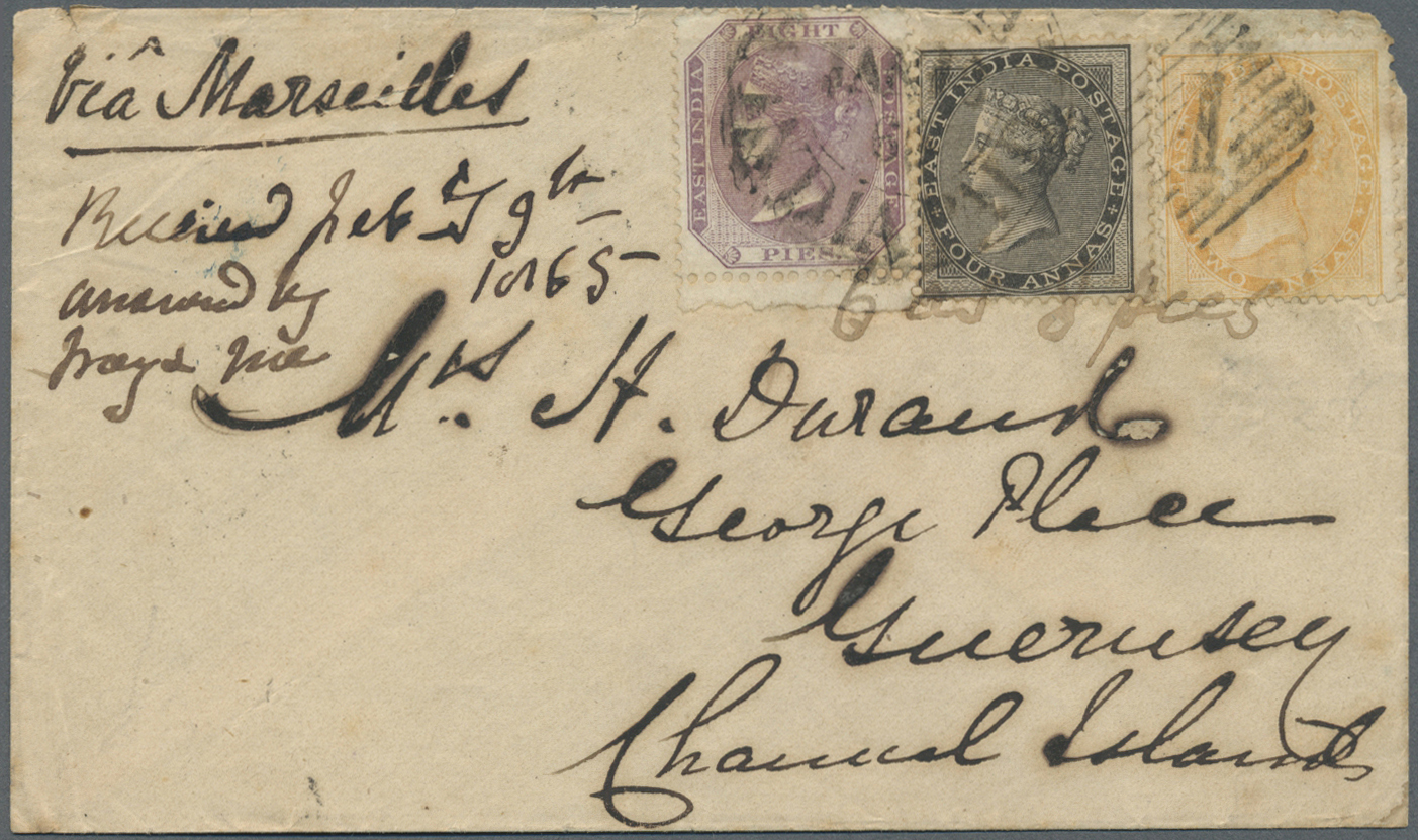 Br Indien: 1865 Cover From Bombay To GUERNSEY, Channel Island Via Marseilles And London, Franked 4a. Black, 2a. Orange A - Other & Unclassified