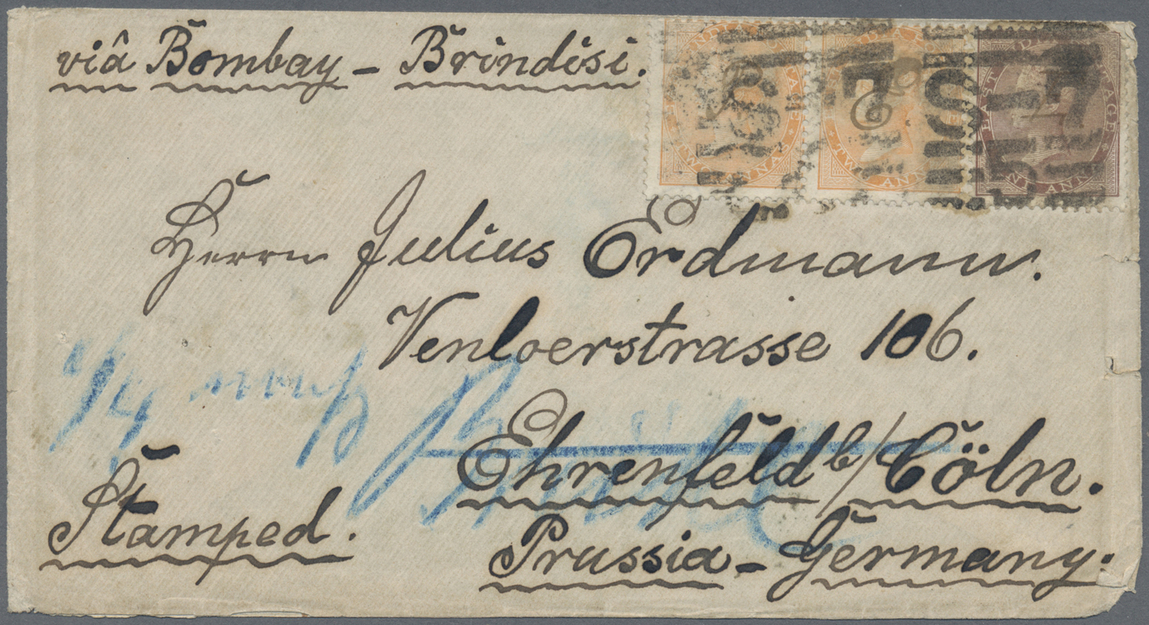 Br Indien: 1866, 1 A. Brown And Horizontal Pair 2 A. Orange, Tied By Barred "S-7 5" To Cover From "SILICURI FEB.27(78)" - Autres & Non Classés