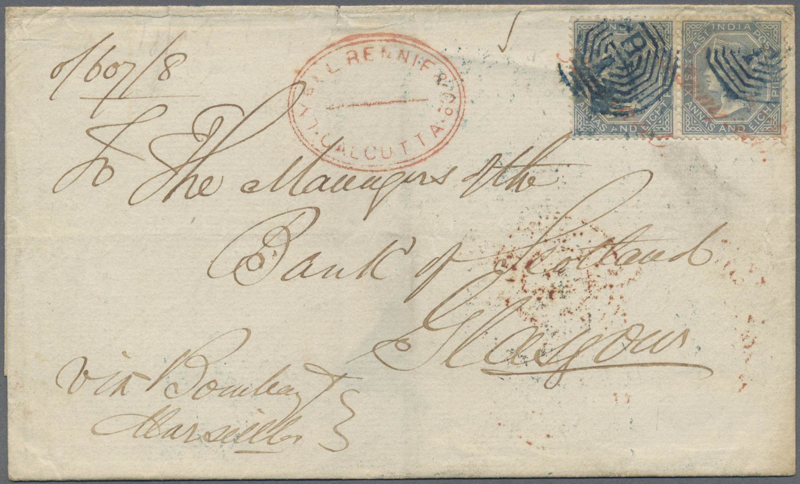 Br Indien: 1866-67 QV 6a8p. Slate Horizontal Pair Tied By Blue Numeral "B/1" To Folded Double-rate Cover 1867 From Calcu - Other & Unclassified