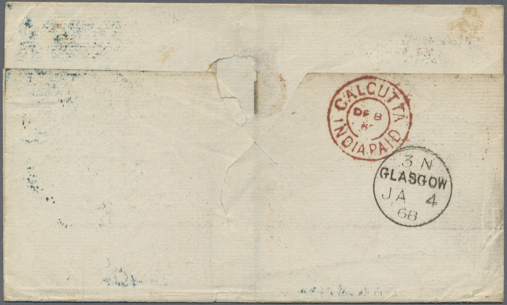 Br Indien: 1866-67 QV 6a8p. Slate Horizontal Pair Tied By Blue Numeral "B/1" To Folded Double-rate Cover 1867 From Calcu - Autres & Non Classés