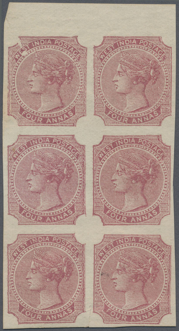 (*) Indien: 1866 "WEST INDIA" Essay 4a Rose-carmine On Unwatermarked Paper, Top Marginal Vertical Block Of Six, Stamp At - Autres & Non Classés