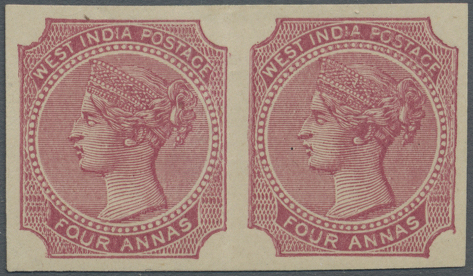 /(*) Indien: 1866 "WEST INDIA" Essay 4a Rose-carmine On Watermarked Paper, Horizontal Pair, Light Vertical Crease Betwee - Autres & Non Classés