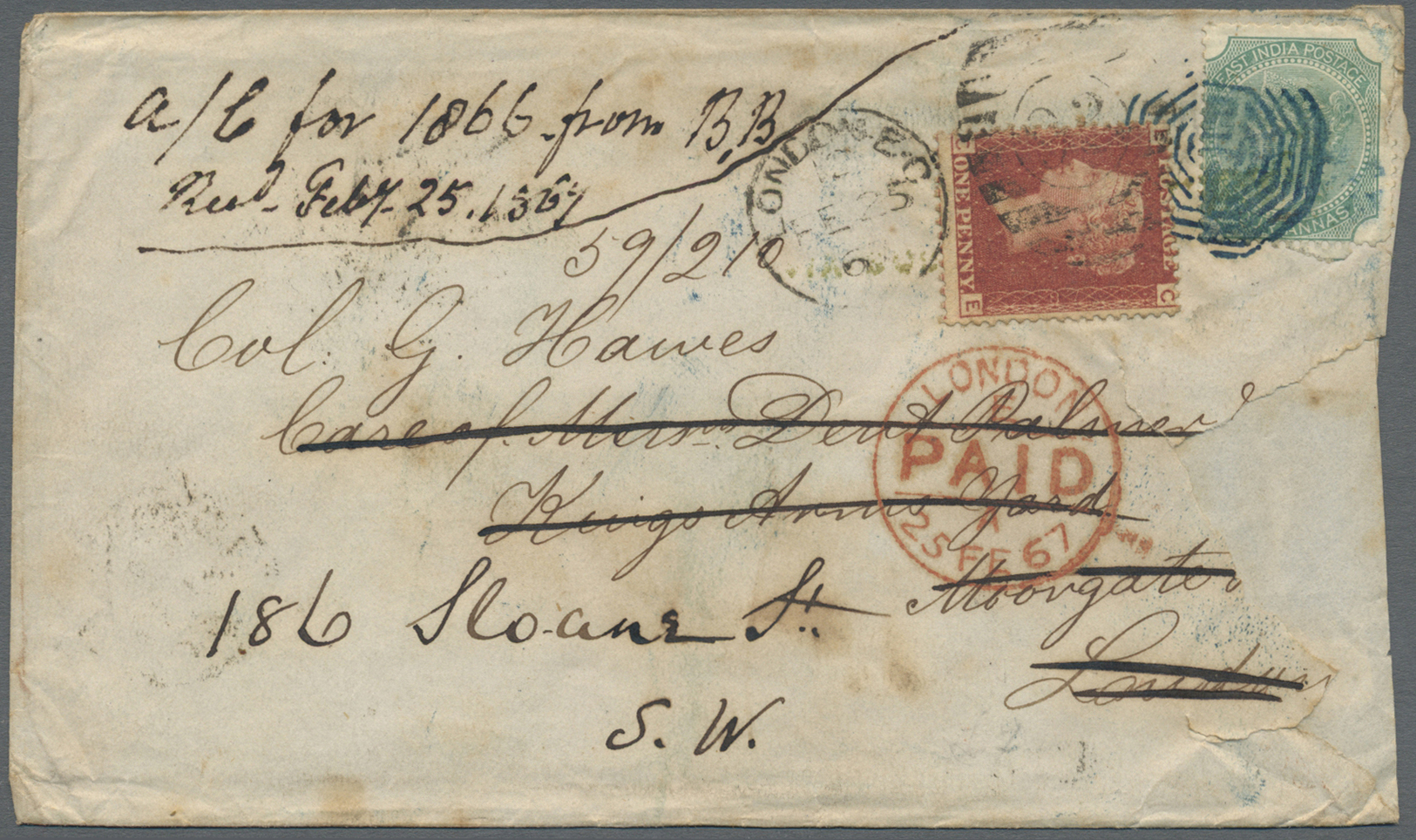 Br Indien: 1867 Cover Sent By The 'Bank Of Bengal' (oval Seal On Back) From Calcutta To Moorgate, London And Re-addresse - Other & Unclassified