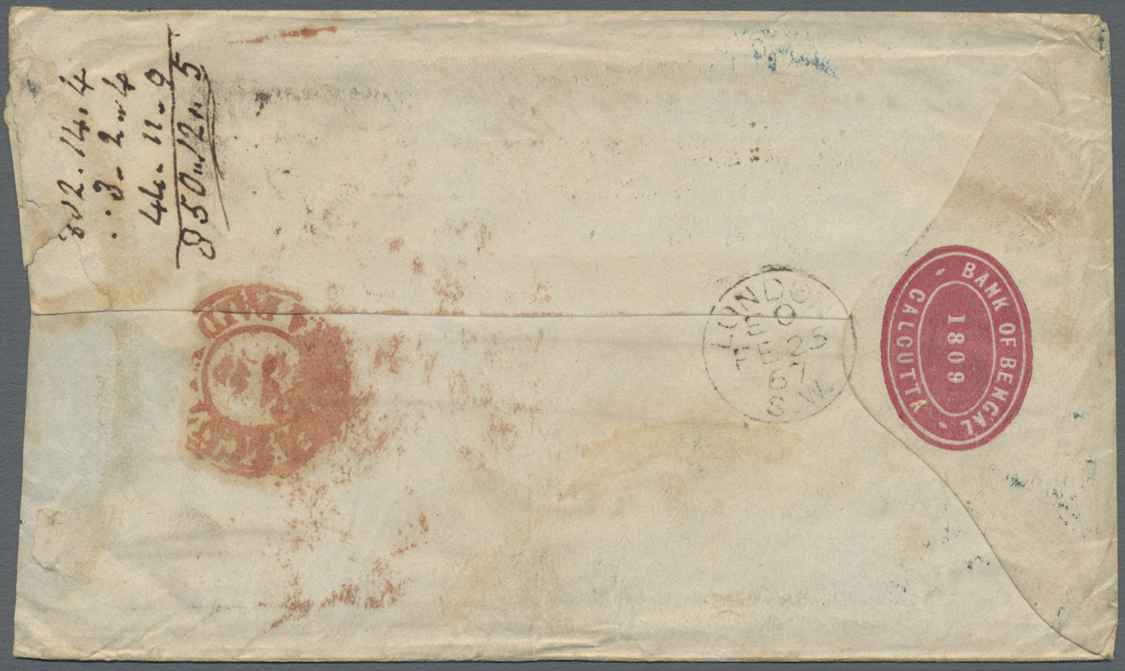 Br Indien: 1867 Cover Sent By The 'Bank Of Bengal' (oval Seal On Back) From Calcutta To Moorgate, London And Re-addresse - Other & Unclassified