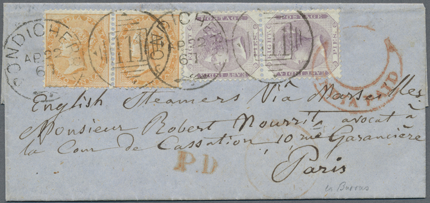 Br Indien: 1867. Small Envelope Addressed To Paris Bearing India SG 56, 8p Mauve (pair) And SG 61, 2a Orange (pair) Tied - Other & Unclassified