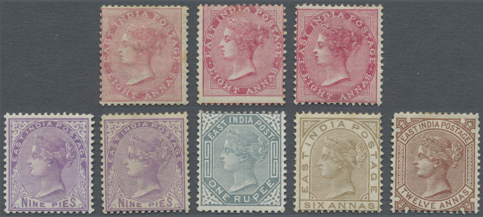 Indien: 1868/1876: Group Of 8 Different Queen Victoria Definitives, With 1868 8a. Rose Three Singles Of Different Shade, - Autres & Non Classés