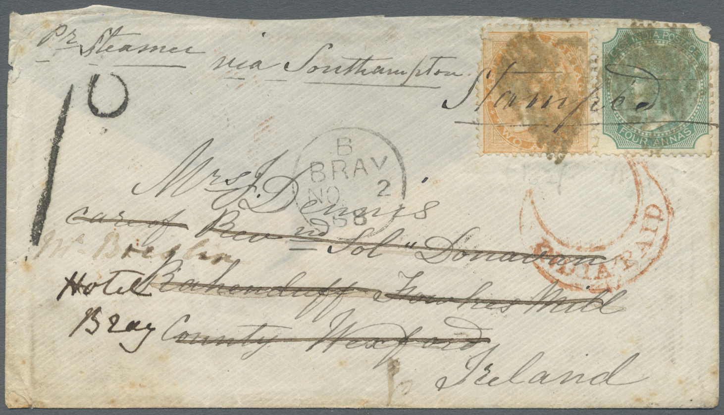 Br Indien: 1868. Envelope (faults/part Of Back Missing) Addressed To Ireland Bearing SG 62, 2a Orange And SG 69, 4a Gree - Other & Unclassified