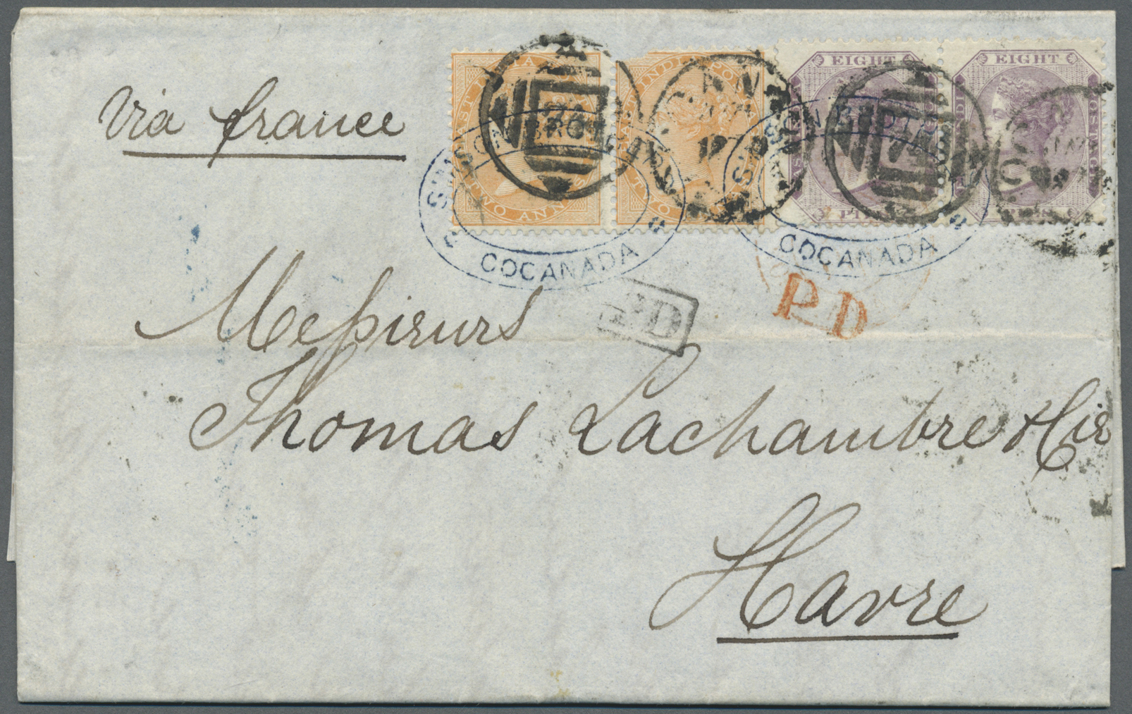 Br Indien: 1870/77 Three Covers From Cocanada (formerly Dutch Settlement) To France, One Letter 1870 To Havre Franked By - Autres & Non Classés