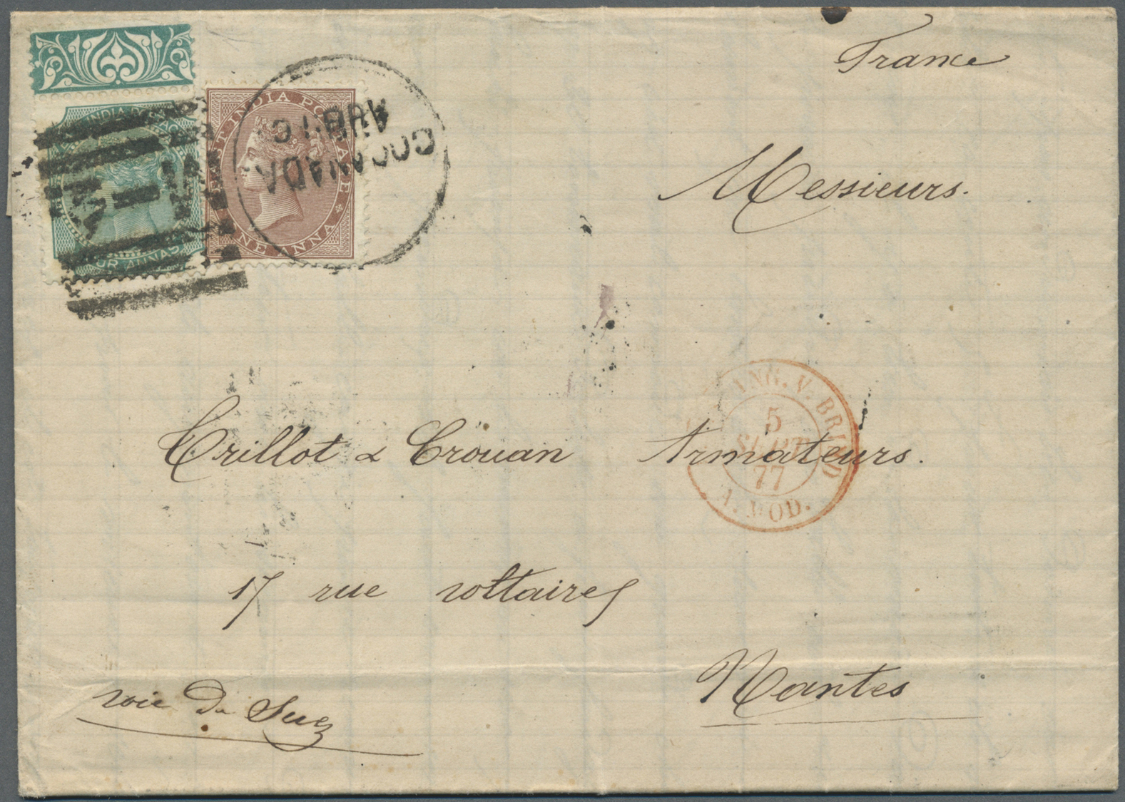 Br Indien: 1870/77 Three Covers From Cocanada (formerly Dutch Settlement) To France, One Letter 1870 To Havre Franked By - Other & Unclassified