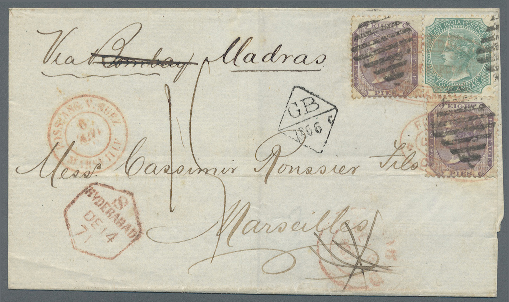 Br Indien: 1871. Envelope Addressed To France Bearing SG 53, 8p Mauve (2) And SG 64, 4a Green Tied By Bar Lozenge With C - Autres & Non Classés