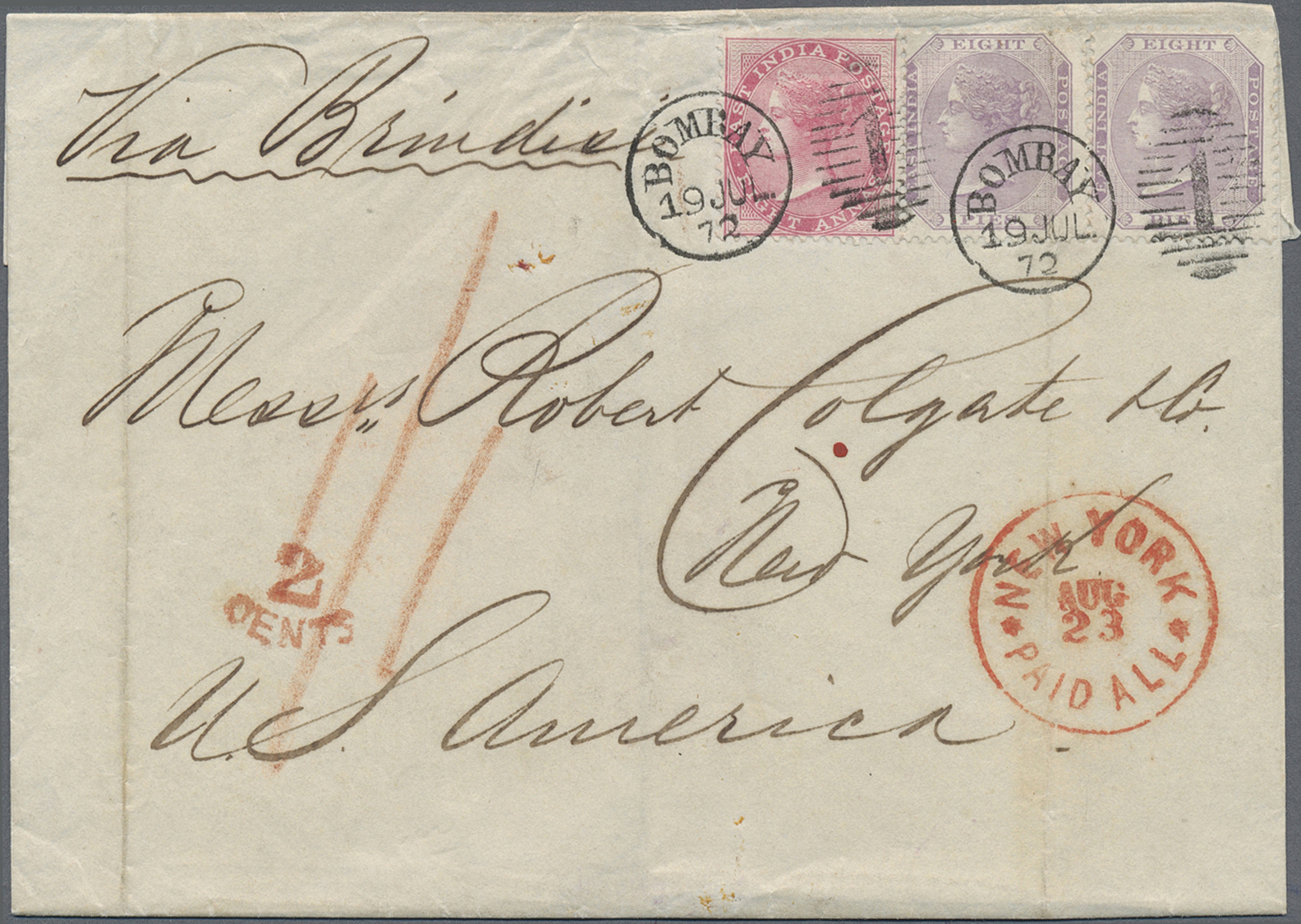 Br Indien: 1872. Envelope Addressed To New York Bearing Lndia SG 53, 8p Violet (pair) And SG 65, 4a Rose Tied By Bombay/ - Autres & Non Classés