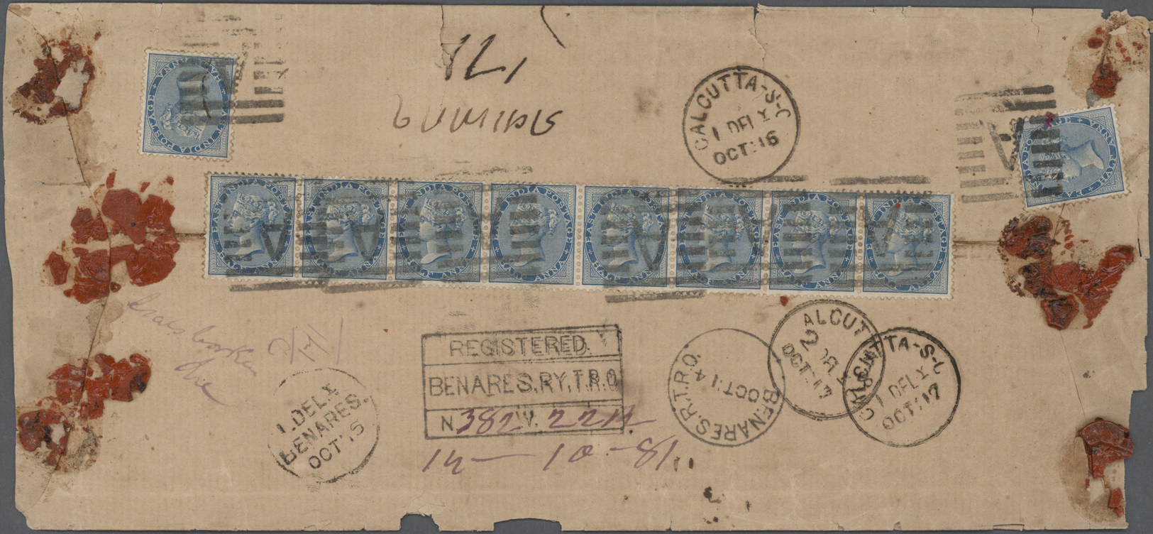 Br Indien: 1873 QV ½a. Blue, Die II, Horizontal Strip Of Eight Plus Two Singles On Reverse Of Registered Cover From Bena - Autres & Non Classés