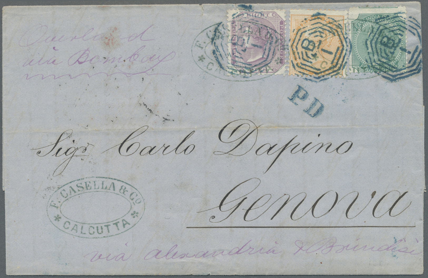 Br Indien: 1873-75 Three Folded Letters From Calcutta To Italy, With 1) 1873 Letter To Genoa 'Overland Via Bombay' And ' - Other & Unclassified