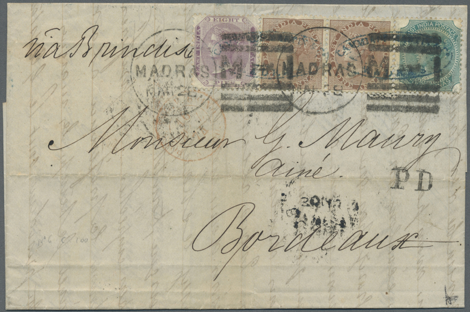 Br Indien: 1874-85 Two Letters And A Postal Stationery Envelope To France, With 1874 Letter From Madras To Bordeaux Bear - Other & Unclassified