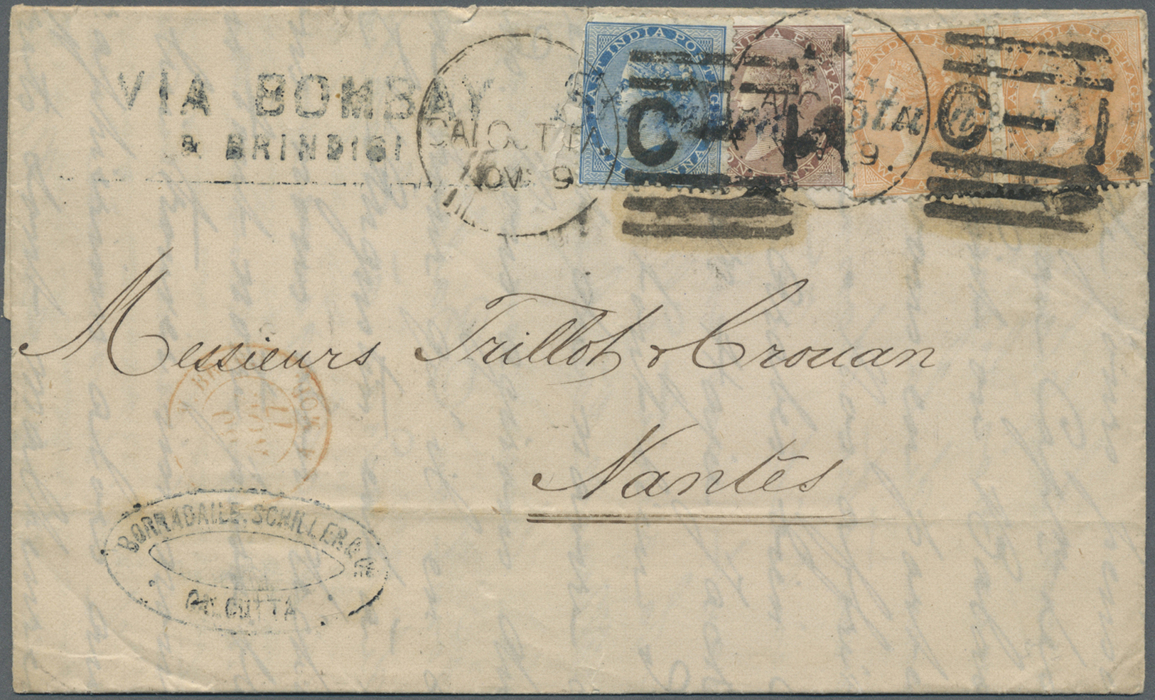 Br Indien: 1874-85 Two Letters And A Postal Stationery Envelope To France, With 1874 Letter From Madras To Bordeaux Bear - Other & Unclassified