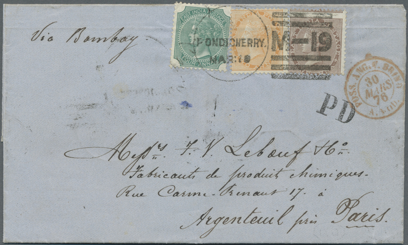 Br Indien: 1876. Envelope Addressed To France Bearing India SG 58, 1a Brown, SG 61, 2a Yellow And SG 64, 4a Green Tied B - Autres & Non Classés