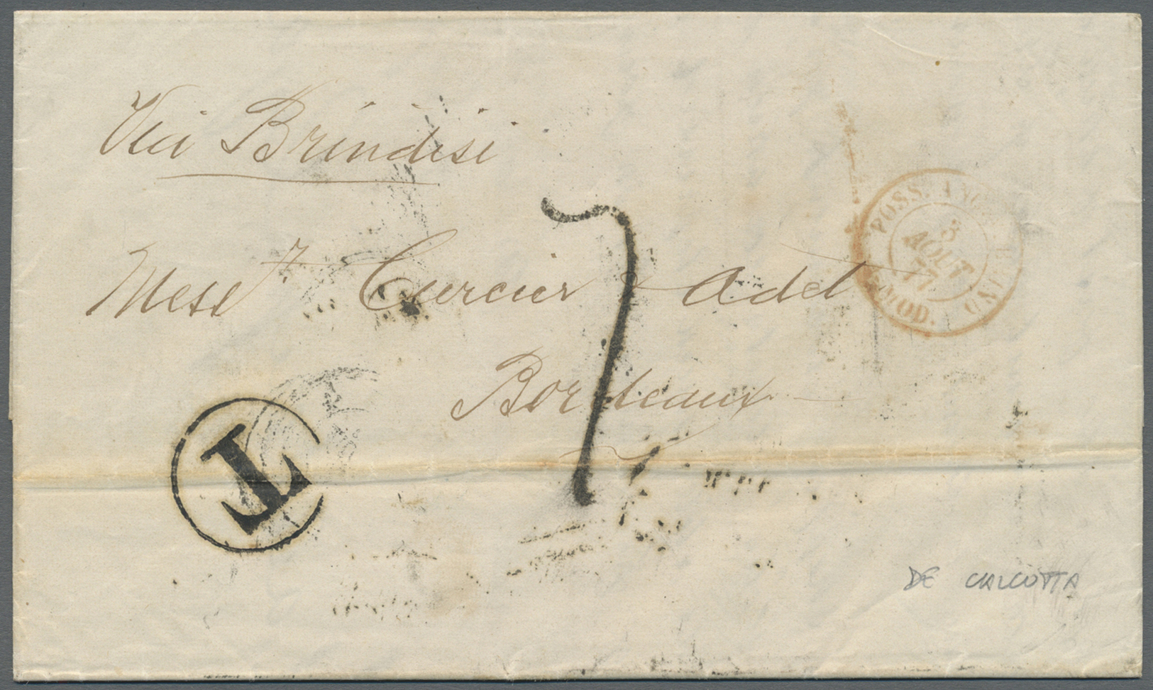 Br Indien: 1877. Stampless Envelope Written From Calcutta Dated '10th July 1877' Addressed To France Cancelled By Calcut - Autres & Non Classés