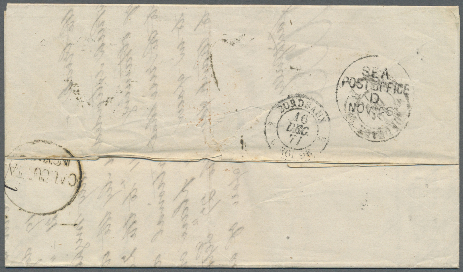 Br Indien: 1877. Stampless Envelope Written From Calcutta Dated '23rd Nov 1877' Addressed To France Cancelled By Calcutt - Autres & Non Classés