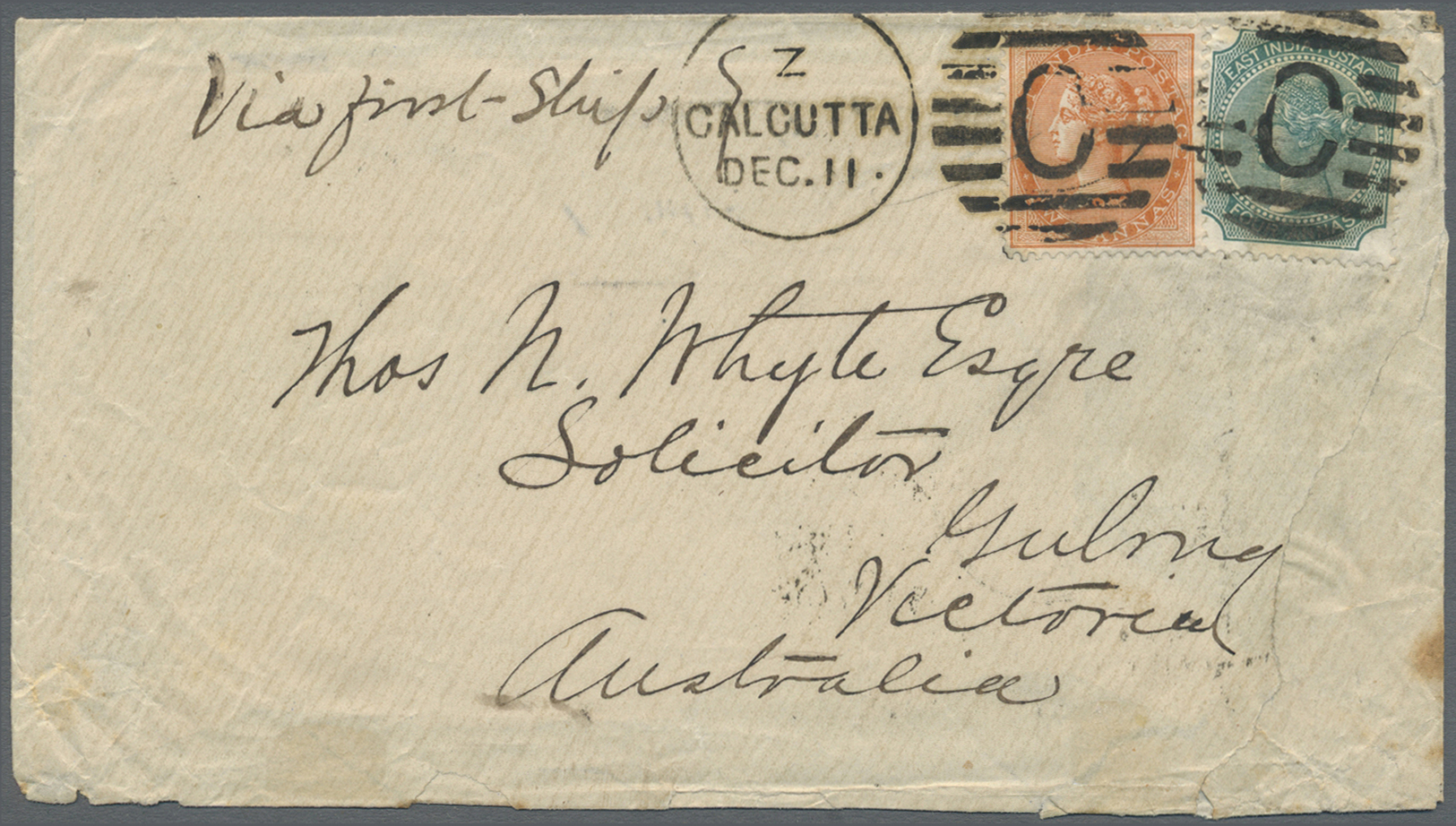 Br Indien: 1882 (11th Dec.) Cover From Calcutta To Geelong, Victoria, Australia 'Via First Ship' Via Bombay And Melbourn - Other & Unclassified