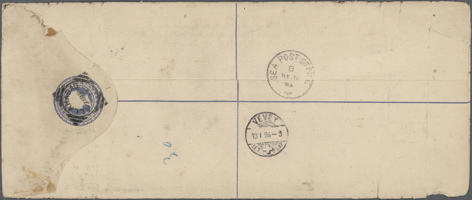 GA Indien: 1886 QV Postal Stationery Registered Envelope, Size 253x106 Mm, Used From Allahabad (26 DEC 93) To Vevey, Swi - Other & Unclassified