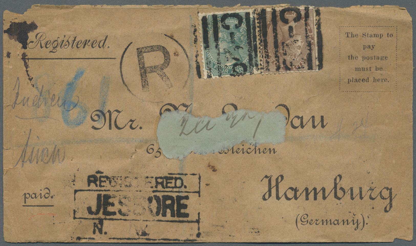 Br Indien: 1886/1892 Two Registered Covers To Germany, 1882 From Jessore To Hamburg Franked QV 1866 4a. And 1a., And 189 - Other & Unclassified