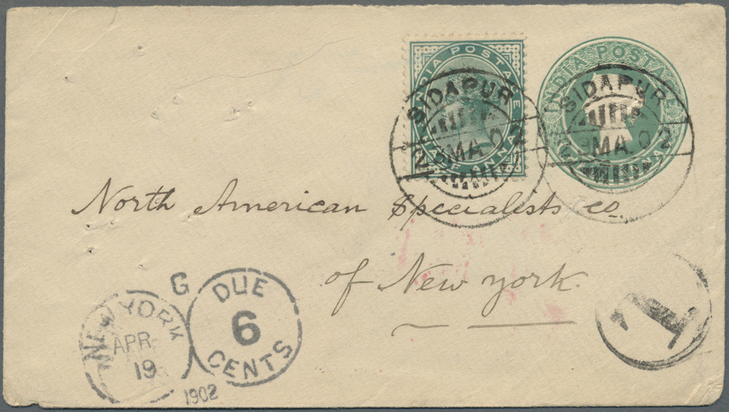 Br/GA Indien: 1887-1902: Four covers and postal stationery items from India to the U.S.A. and one cover (1888) from Alam