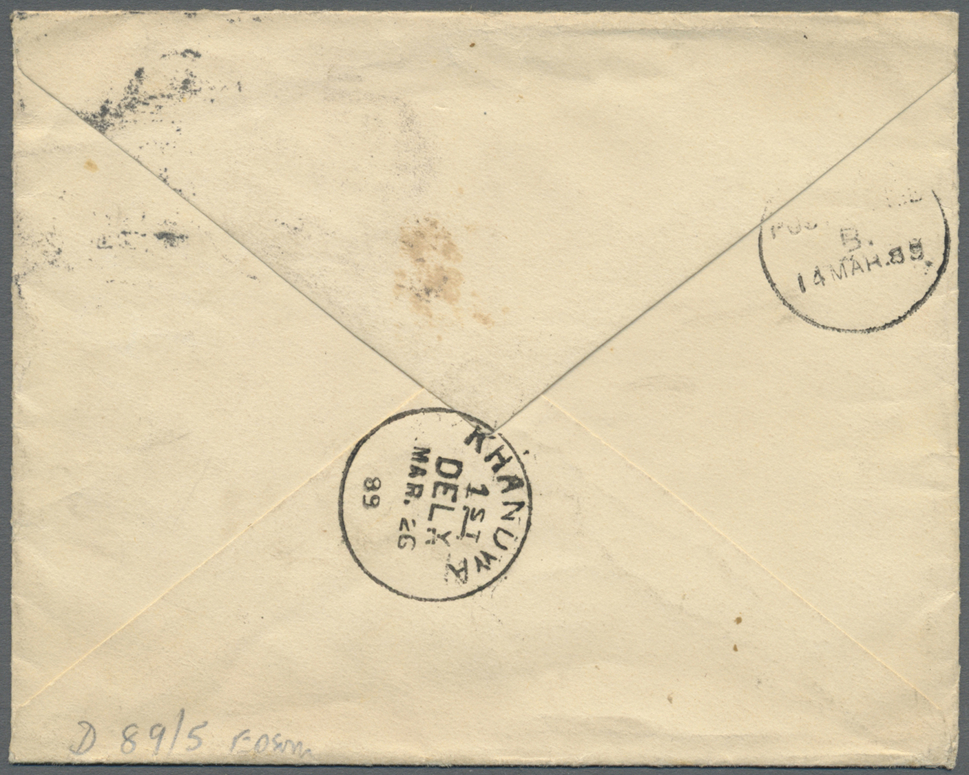 Br Indien: 1889. Envelope Addressed To The 'Commandant, Khandwa' Bearing Great Britain SG 07, 5d Blue And Purple Tied By - Other & Unclassified