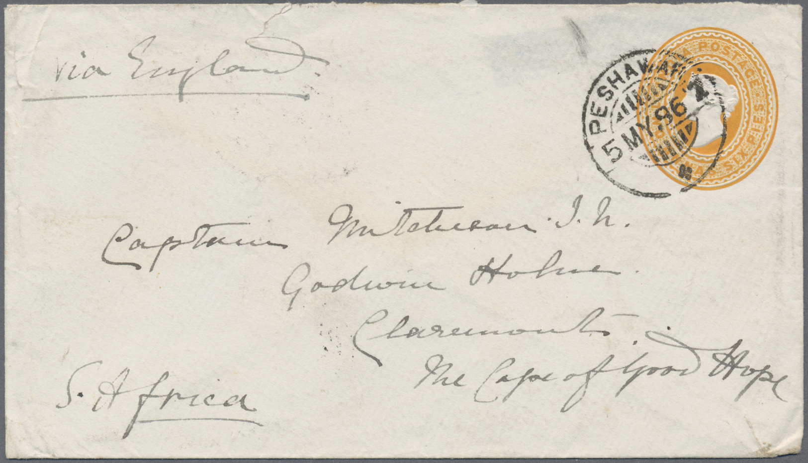 GA Indien: 1896-97 Destination CAPE OF GOOD HOPE: Two Postal Stationery Envelopes Sent From Peshawar To Claremont, Cape - Other & Unclassified