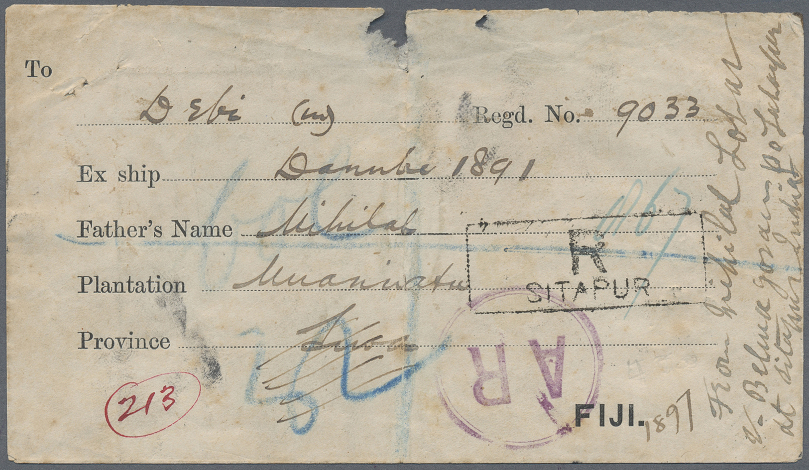 Br Indien: 1900. Registered And Advice Of Receipt Printed Envelope (faults) Addressed To Fiji Bearing SG 84, ½a Blue Gre - Autres & Non Classés