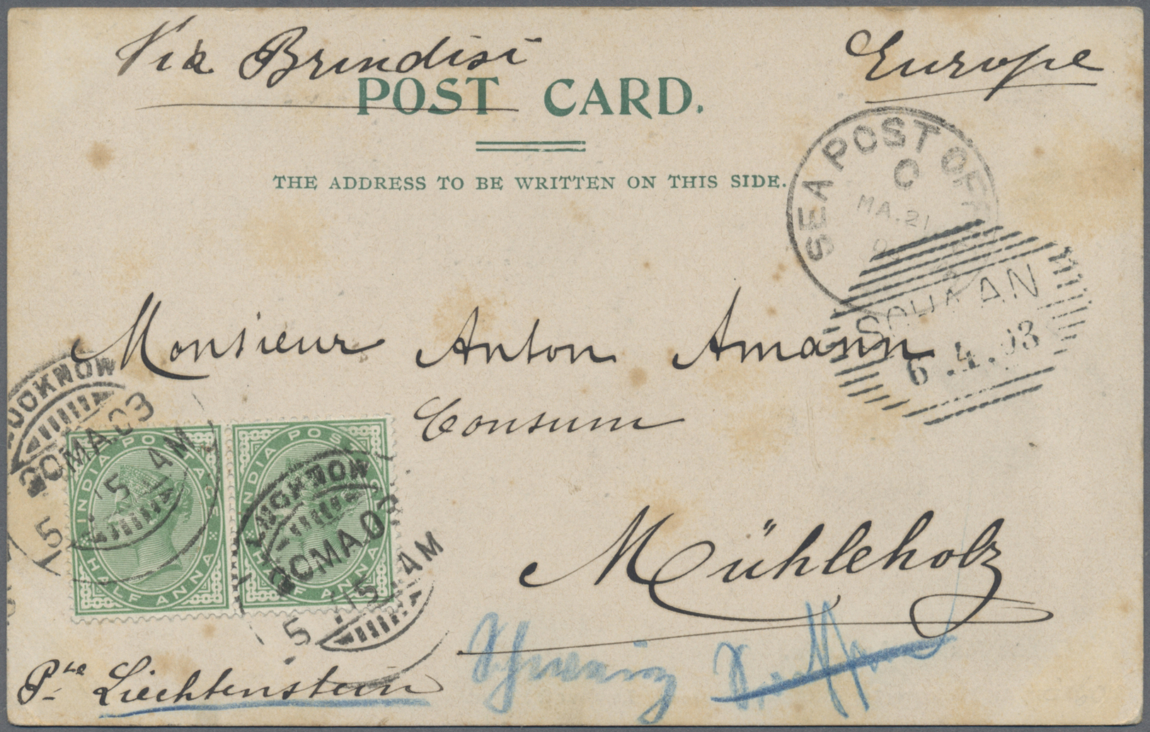 Br Indien: 1903 Destination LIECHTENSTEIN: Picture Postcard (stains) 'Chutta Munzil, Lucknow' Franked Queen Victoria ½a. - Other & Unclassified