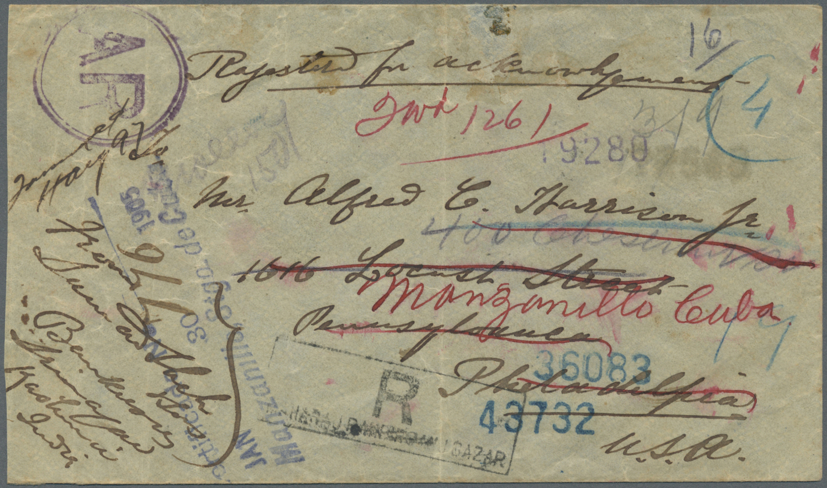 Br Indien: 1904 Destination CUBA: Registered (with Acknowledgemet) Cover From Maharaj Ranbirganj Bazar Addressed To Phil - Other & Unclassified