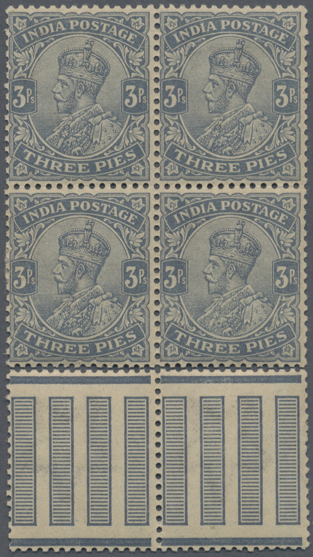 * Indien: 1911 KGV. 3p. Grey, WATERMARK INVERTED, Block Of Four With Original But Separated Gutter Stamps On Foot, Mint - Autres & Non Classés