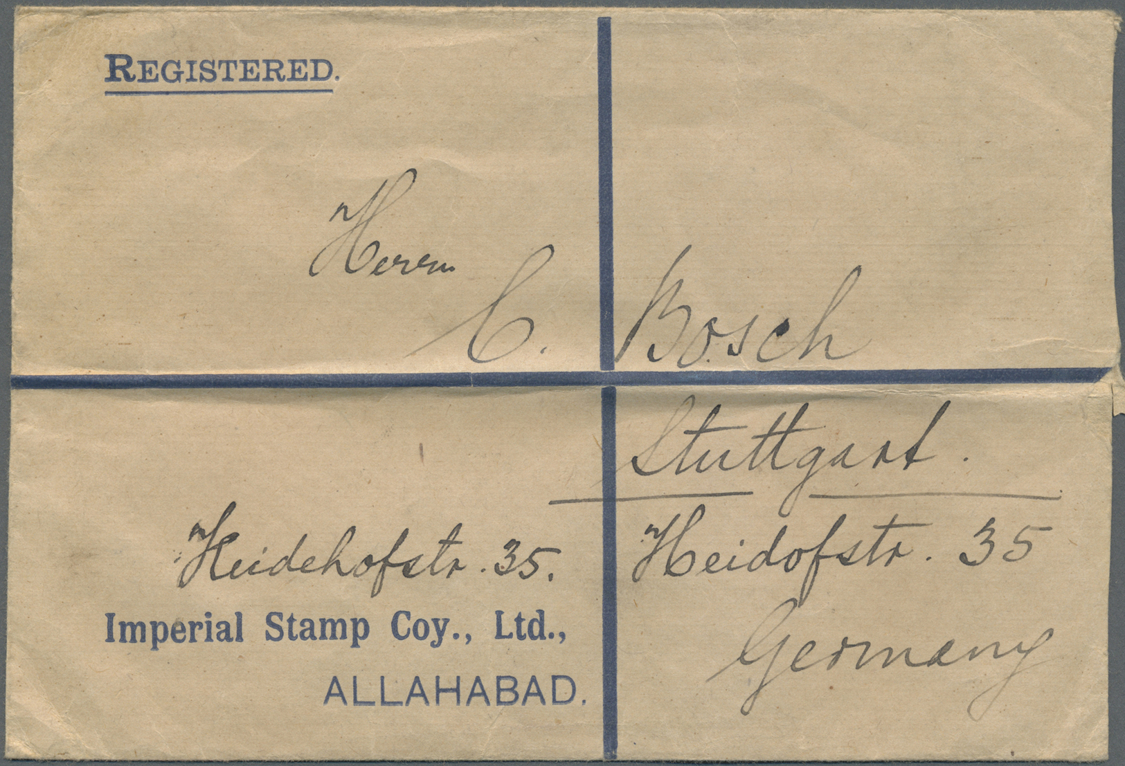 Br Indien: 1926 Registration Label On Order "R 323/ALLAHABAD/OFFICE Of The IMPERIAL STAMP CO., LTD." Used On Back Of Pri - Other & Unclassified