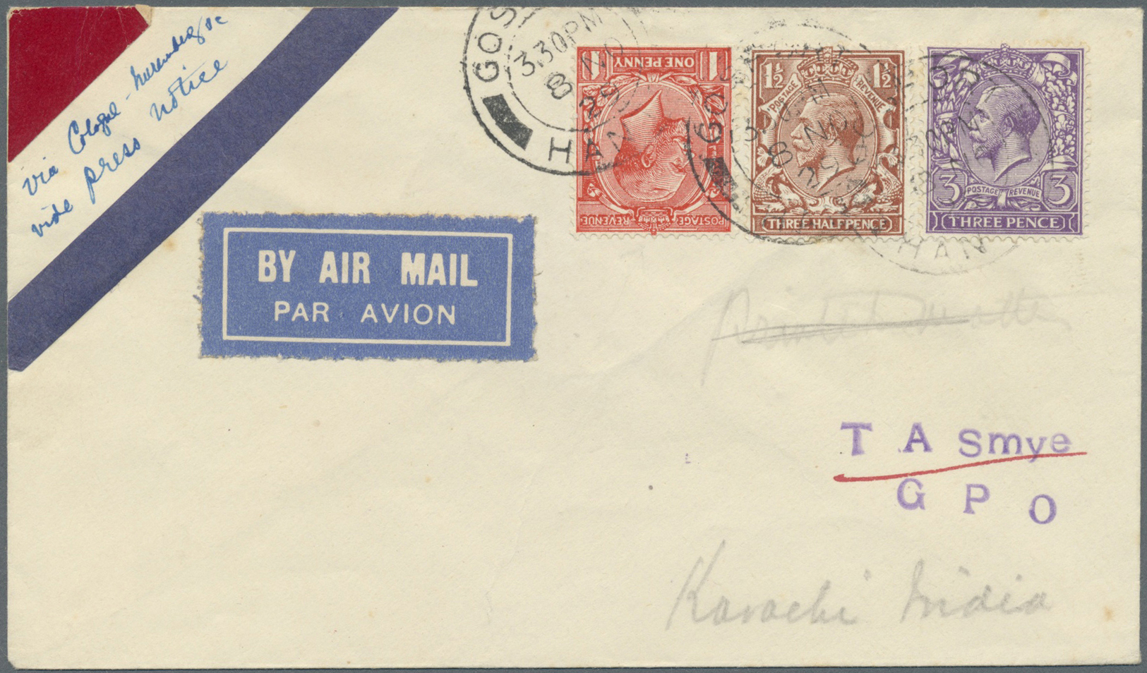 Br Indien: 1929 First Flight To KARACHI From London/UK "8.NO.29" Franked By 1d, 1 1/2 D And 3d King George V - Autres & Non Classés