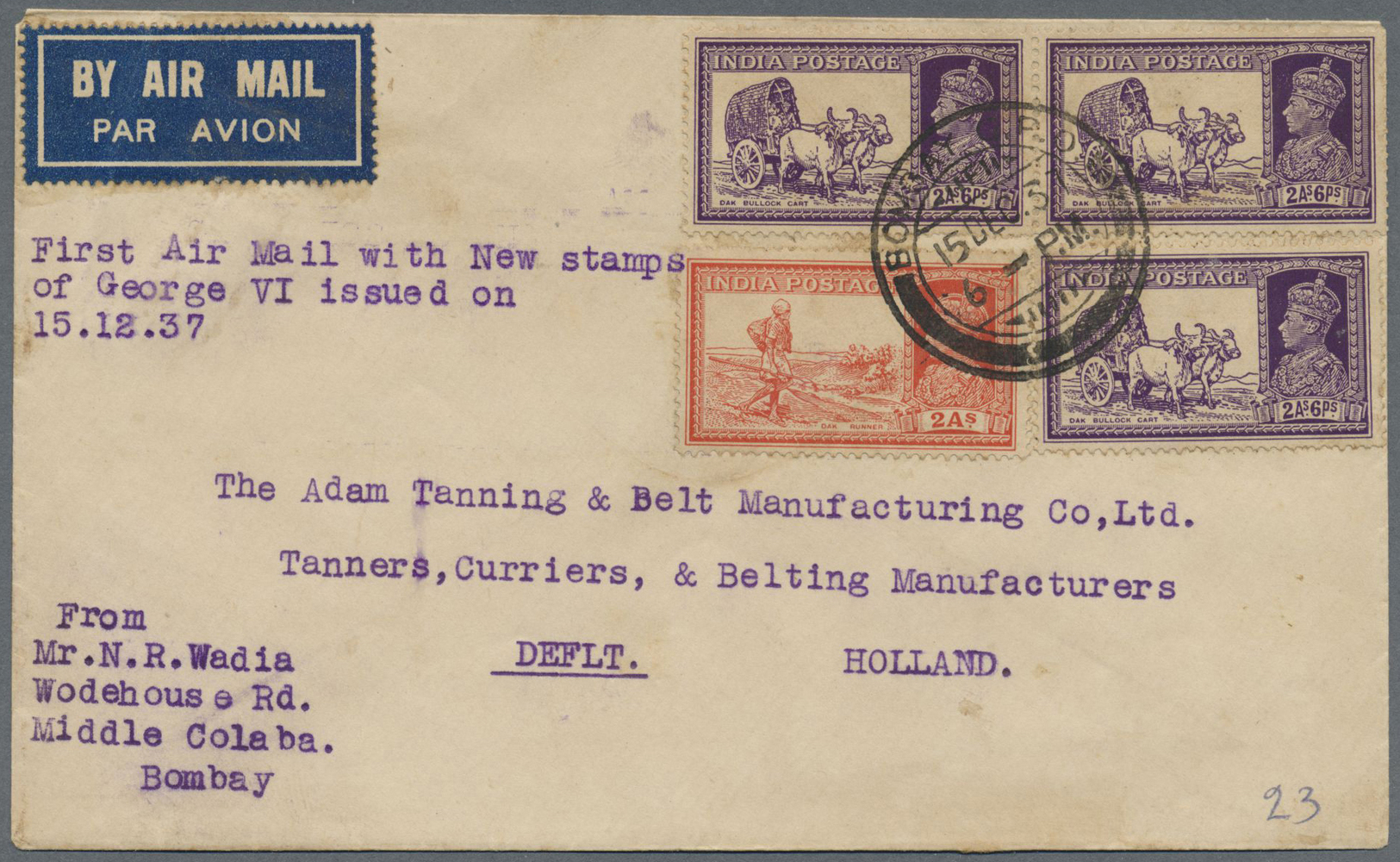 Indien: 1937, Definitives KGVI, lot of six f.d.c.: nos. 249/50 horiz. pair "CALCUTTA 23 AUG 37" and five airmail covers