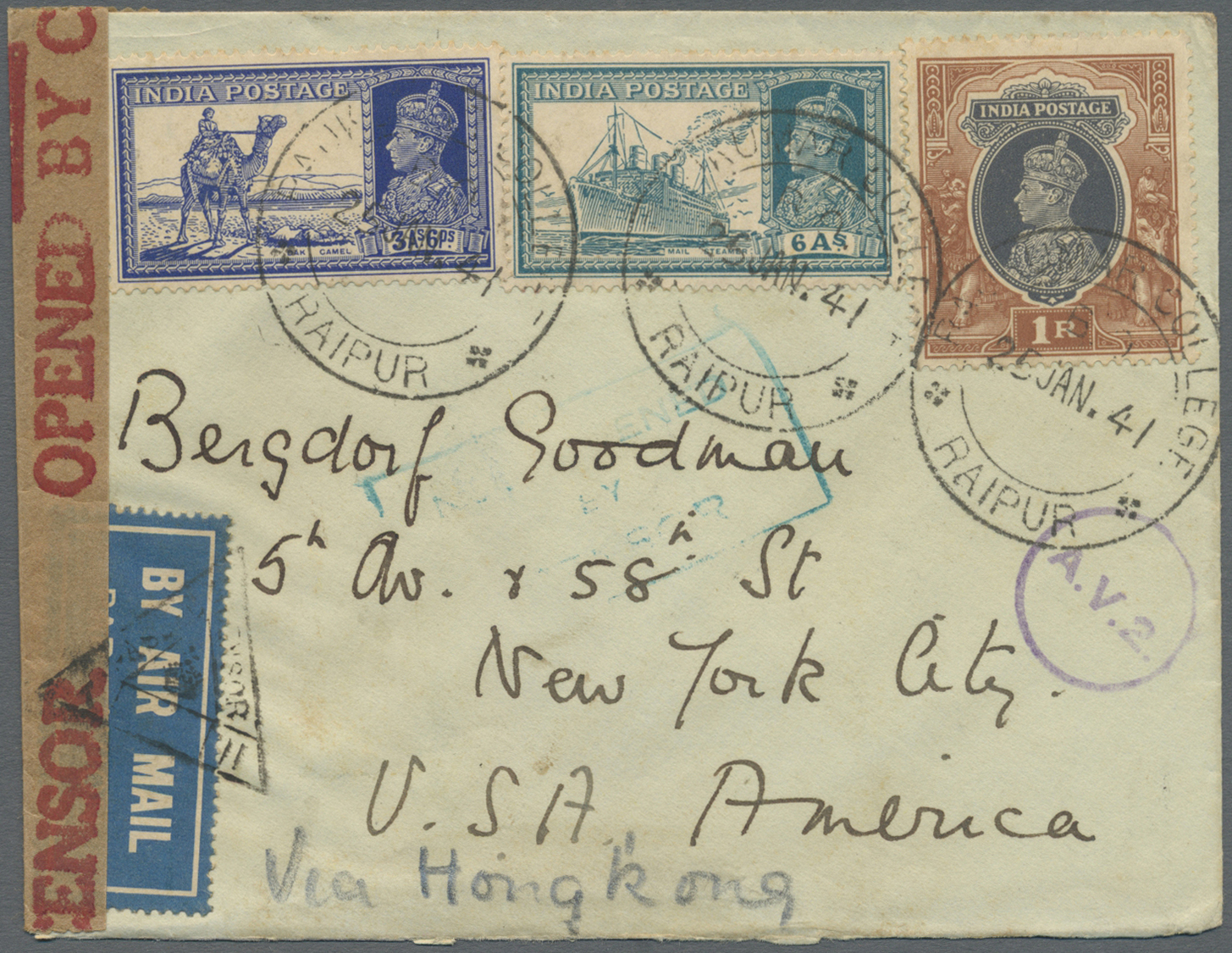 Br Indien: 1941. Air Mail Envelope Addressed To New York Bearing Lndia SG 254, 3a6p Blue, SG 255, 4a Brown, SG 256, 6a T - Other & Unclassified