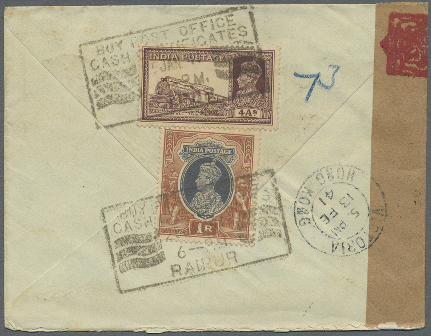 Br Indien: 1941. Air Mail Envelope Addressed To New York Bearing Lndia SG 254, 3a6p Blue, SG 255, 4a Brown, SG 256, 6a T - Autres & Non Classés