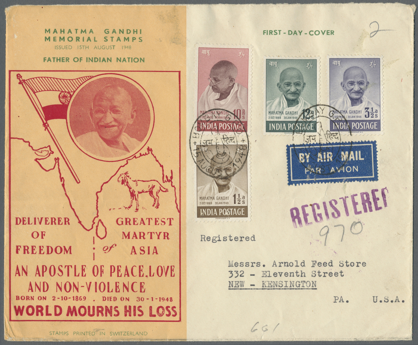 Indien: 1948 GANDHI Complete Set On Illustrated FDC (World Mourns His Loss) Sent Registered From Bombay To New Kensingto - Autres & Non Classés