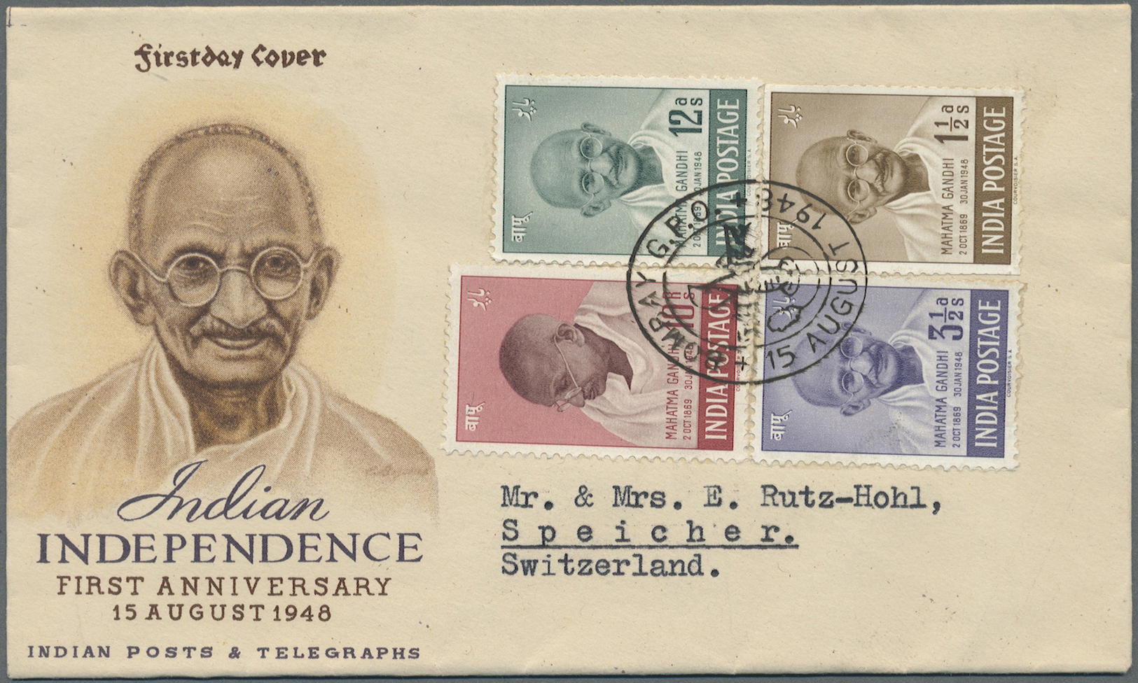 Indien: 1948 (Aug 15), GANDHI Complete Set On Illustrated FDC Cancelled With Special Bombay Oval First Day Obliterator, - Autres & Non Classés