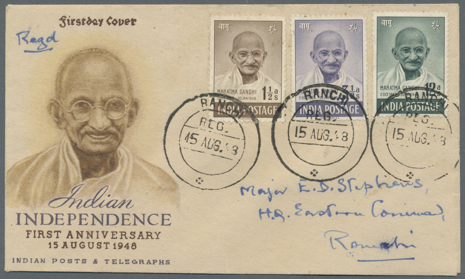 Indien: 1948 GANDHI FDC From Ranchi: Illustrated Gandhi Envelope With The Three Small Gandhi Stamps (to 12a.) Used Regis - Other & Unclassified