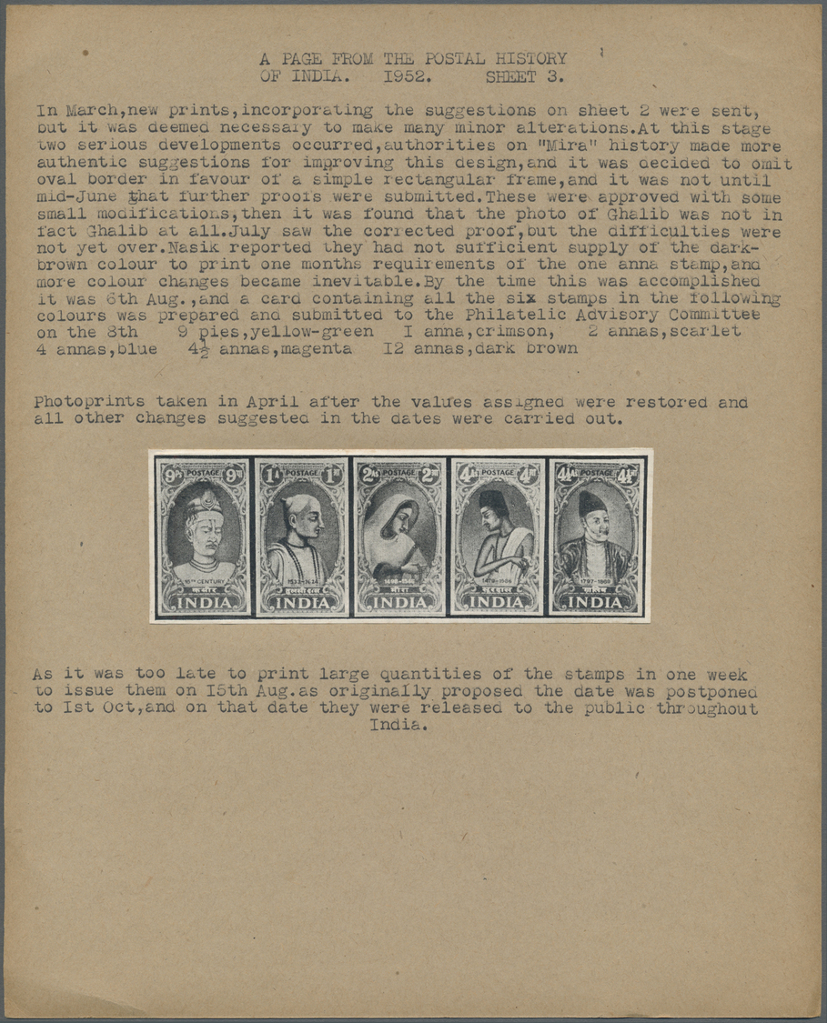 (*) Indien: 1952 "SAINTS & POETS": Collection Of 17 COLOUR PROOFS & ESSAYS OF PROPOSED DESIGN Each In Block Of Four (68 - Other & Unclassified