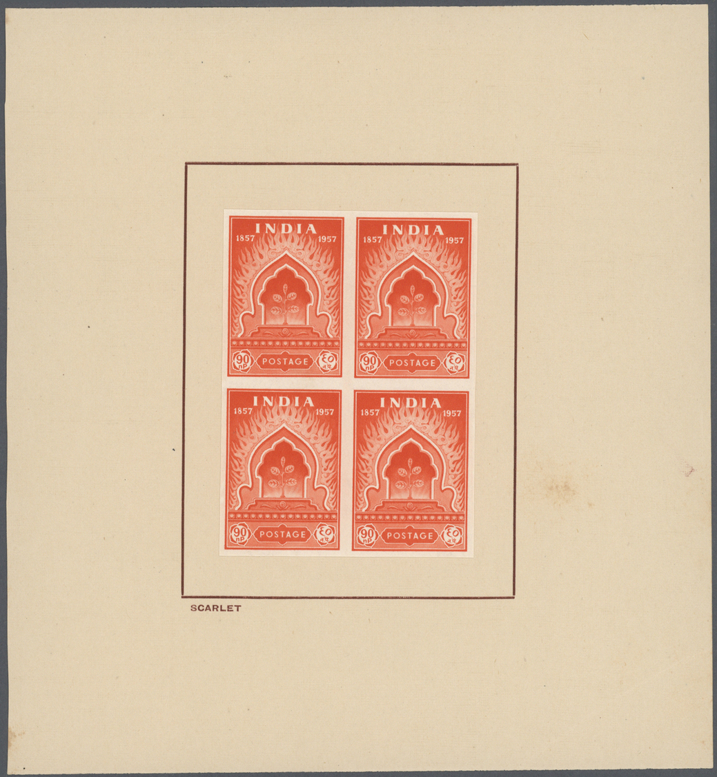 (*) Indien: 1957 Mutiny Centenary 90n.p., Imperforated Colour Trials On Watermarked Paper, Four Blocks Of 4, Respectivel - Autres & Non Classés