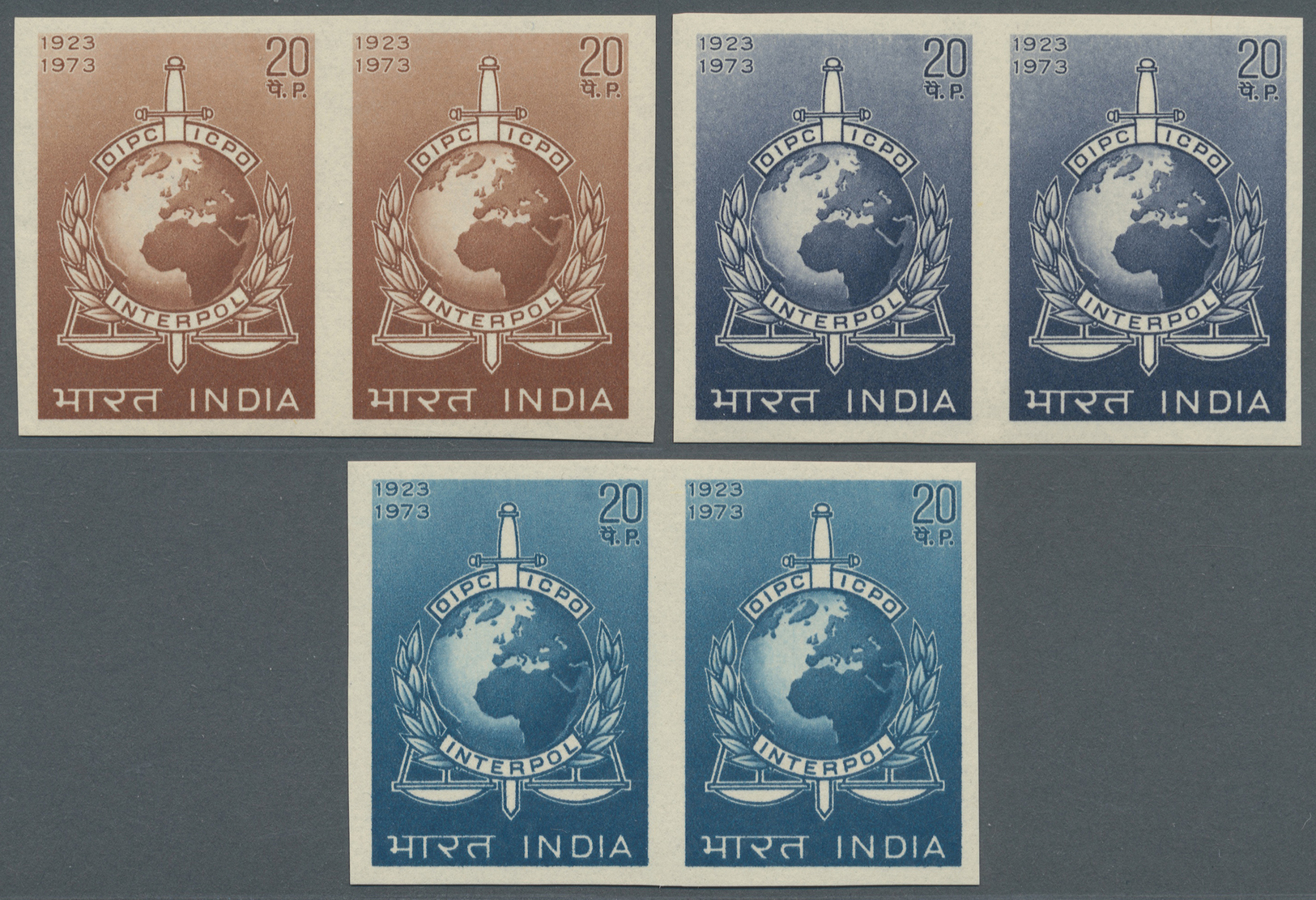 /** Indien: 1973 Eleven Imperforated Colour Trial Pairs Of 'Interpol' 20p., All Different (colours/shades), Unmounted Mi - Other & Unclassified