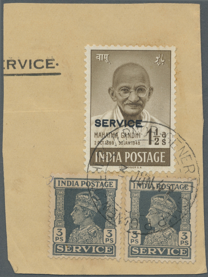 Indien - Dienstmarken: 1948 GANDHI-Officials: 1½a. Brown And Two Singles Of KGVI. 3p. Officials Tied With Fine Strike Of - Timbres De Service