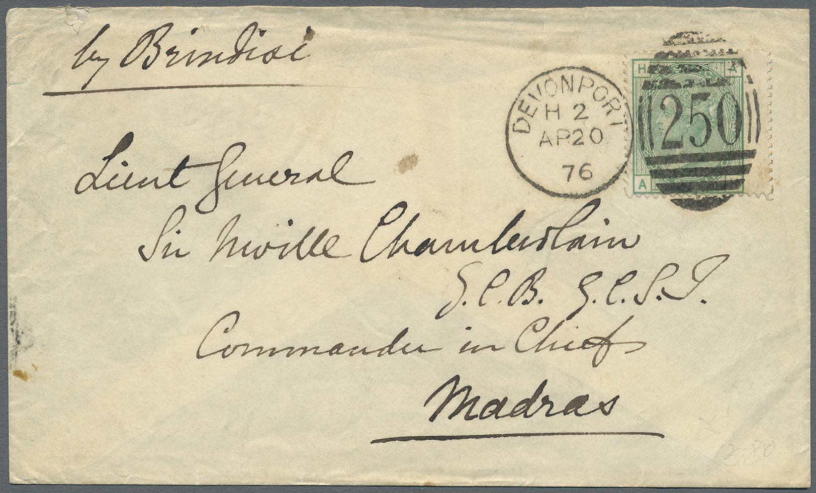 Br Indien - Stempel: MADRAS, 1876. Envelope Addressed 'Lt. Sir Neville Chamberlain, Commander In Chief, Madras' Bearing - Other & Unclassified