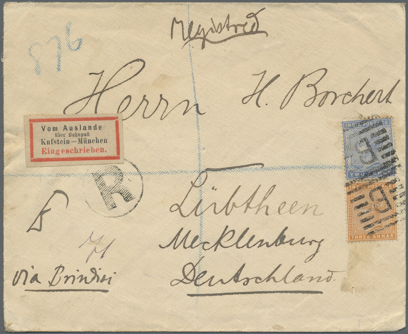 Br Indien - Used Abroad: ADEN 1889: Registered Cover From Aden To Lübtheen, Mecklenburg, Germany Franked With India QV 3 - Autres & Non Classés