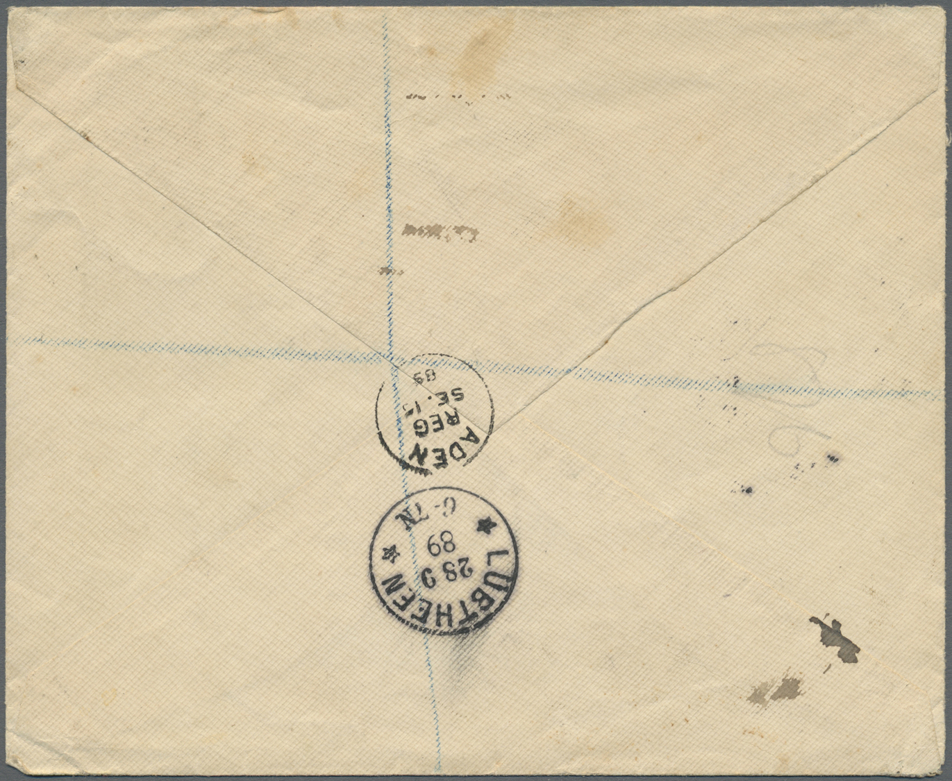 Br Indien - Used Abroad: ADEN 1889: Registered Cover From Aden To Lübtheen, Mecklenburg, Germany Franked With India QV 3 - Autres & Non Classés